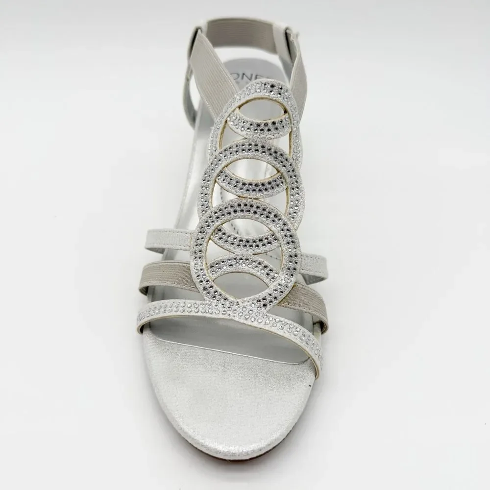 Jones New York Denice Strappy Bling Wedge Sandals Elastic Ankle Silver 7.5 NEW